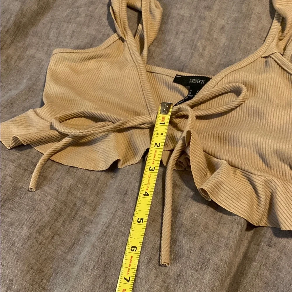 Tan Ribbed Crop Top with Ruffle Sleeves - Picture 9 of 11
